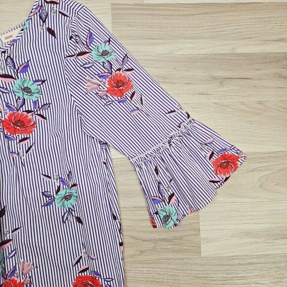 GRAND & GREENE Womens Purple Floral Stripe Ruffle Bell Sleeve Blouse Size L - Picture 3 of 8
